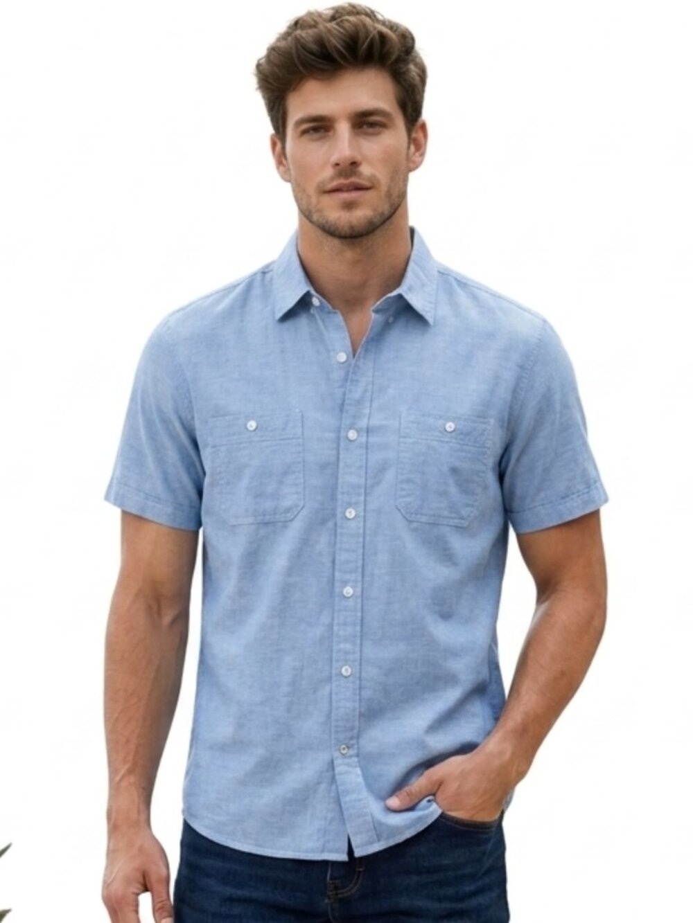 Michael Kors Men’s XL Short Sleeve Linen Blend Button Down Shirt Light Blue